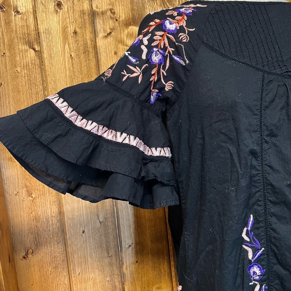 Free People Small Pavlo Black Floral Embroidered Mini Ruffle Babydoll Dress - Picture 3 of 8